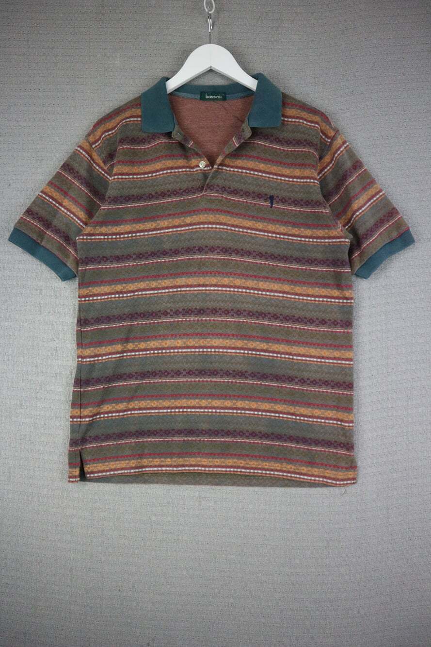 Vintage Bossini Striped Patterned Polo Shirt Men's Size Large Multicolored Short